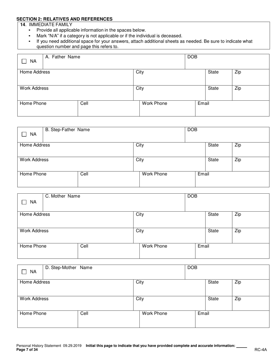 Form RC-4A Personal History Statement - Texas, Page 6