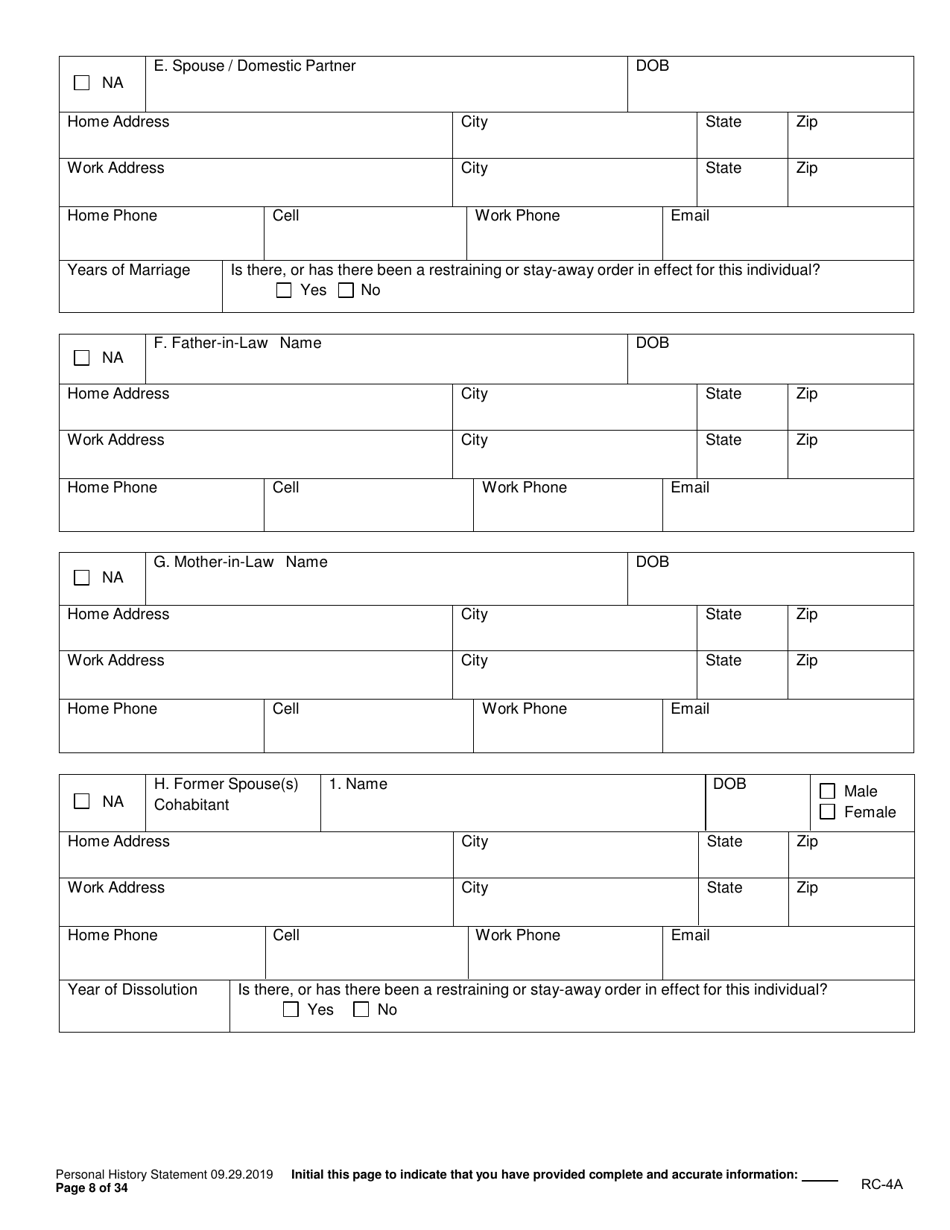 Form RC-4A Personal History Statement - Texas, Page 7