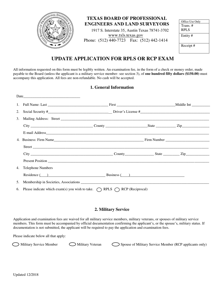 Update Application for Rpls or Rcp Exam - Texas, Page 1