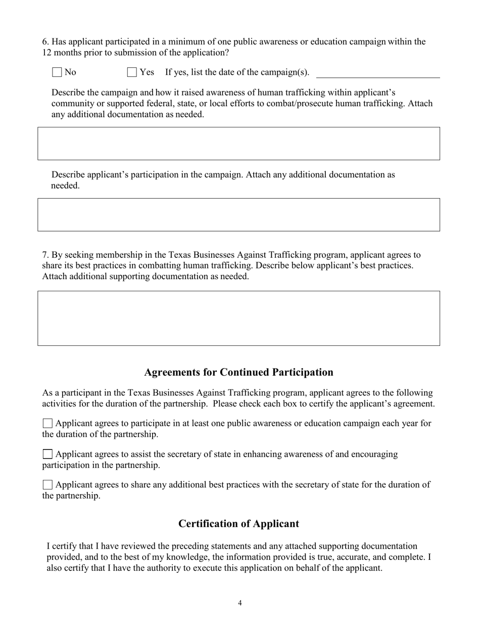 Application for Certificate of Recognition - Texas, Page 4