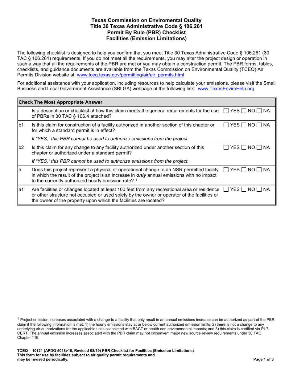 Form 10121 Permits by Rule (Pbr) Checklist for Facilities (Emission Limitations) - Texas, Page 1