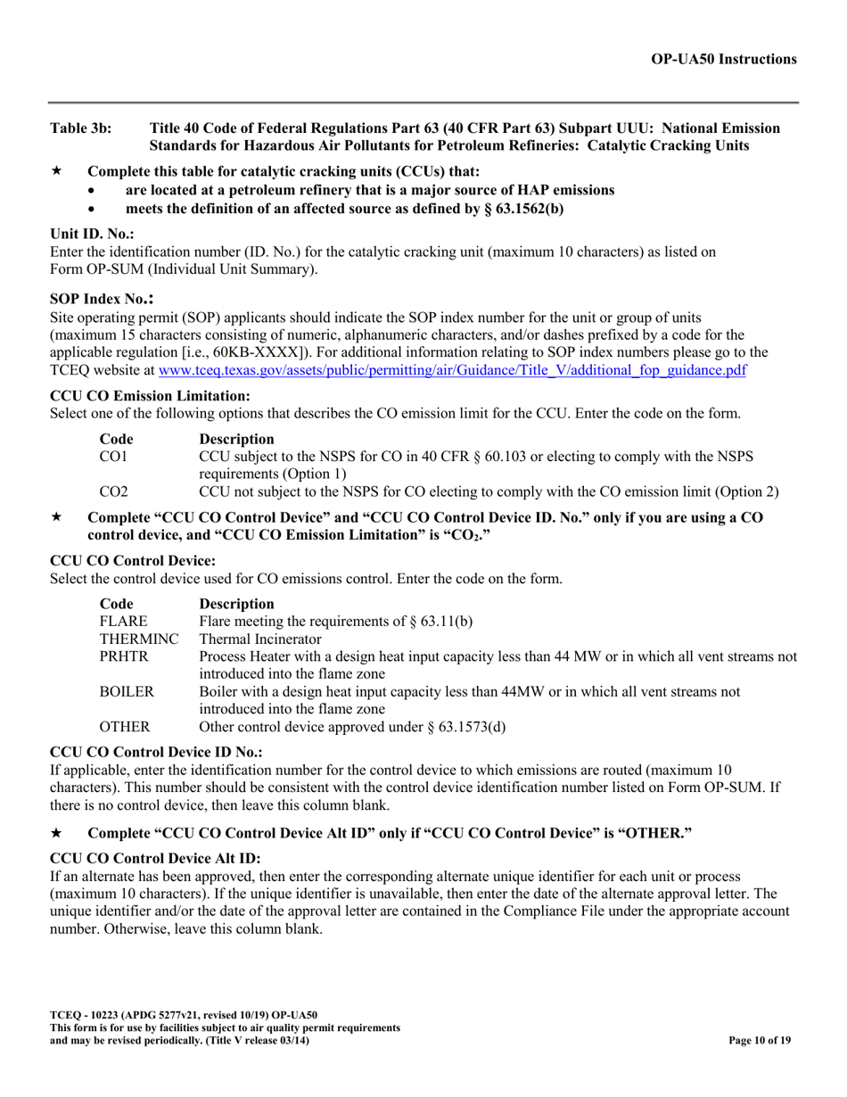 Form OP-UA50 (10223) Fluid Catalytic Cracking Unit Catalyst Regenerator / Fuel Gas Combustion Device / Claus Sulfur Recovery Plant Attributes - Texas, Page 10