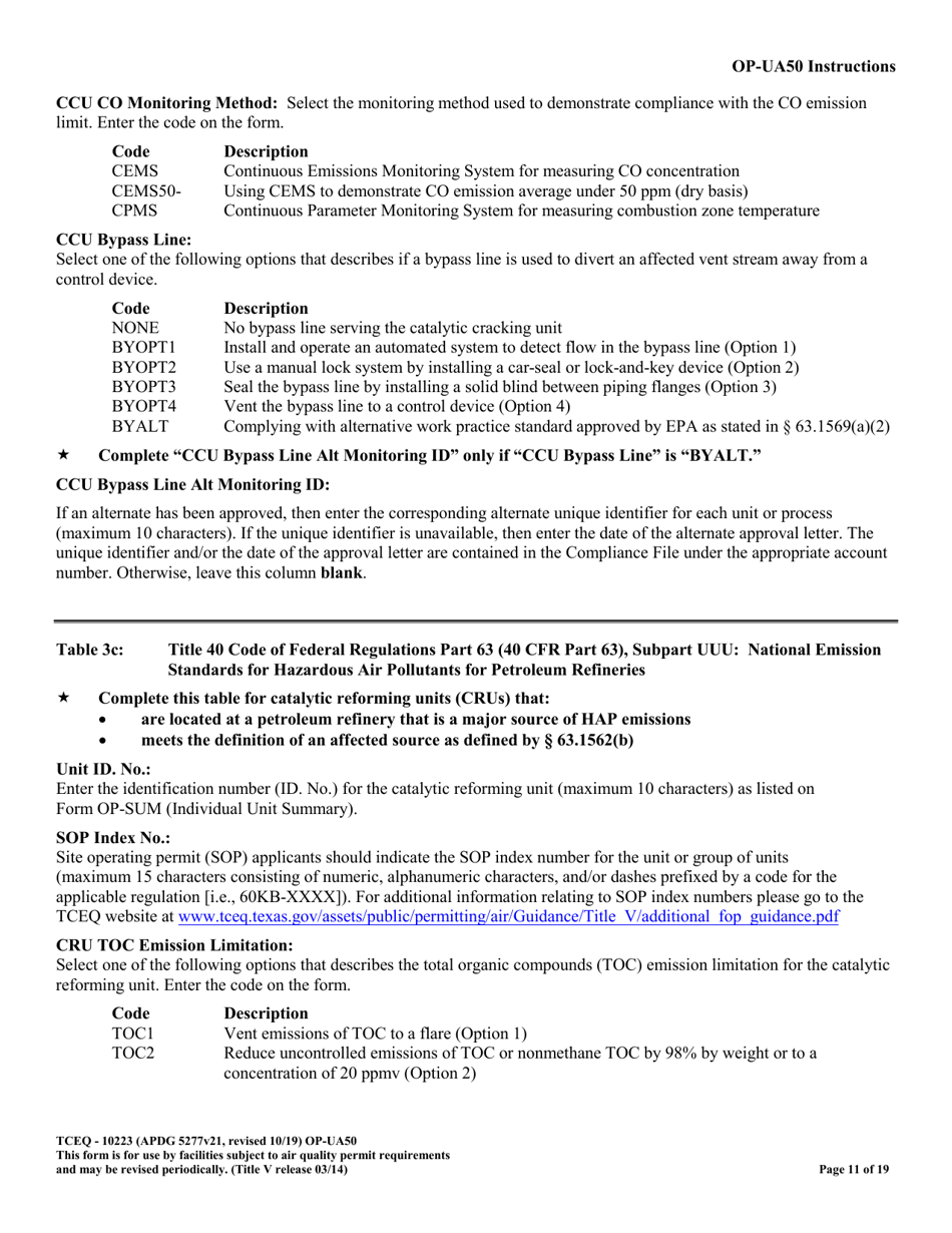 Form OP-UA50 (10223) Fluid Catalytic Cracking Unit Catalyst Regenerator / Fuel Gas Combustion Device / Claus Sulfur Recovery Plant Attributes - Texas, Page 11