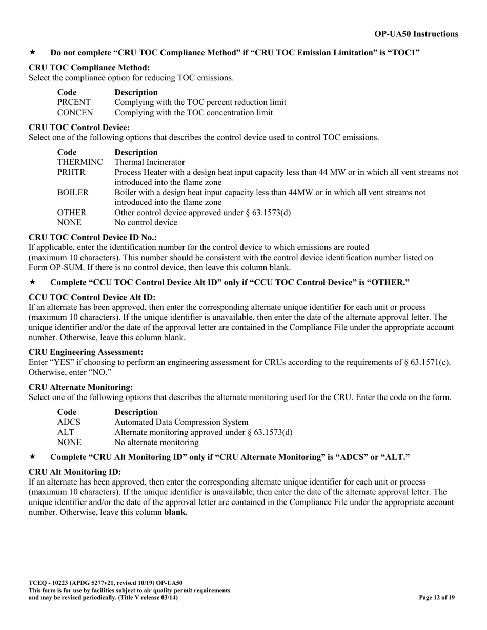 Form OP-UA50 (10223) Fluid Catalytic Cracking Unit Catalyst Regenerator / Fuel Gas Combustion Device / Claus Sulfur Recovery Plant Attributes - Texas, Page 12