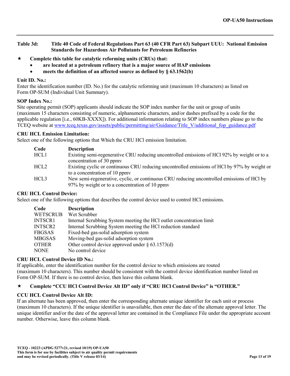 Form OP-UA50 (10223) Fluid Catalytic Cracking Unit Catalyst Regenerator / Fuel Gas Combustion Device / Claus Sulfur Recovery Plant Attributes - Texas, Page 13