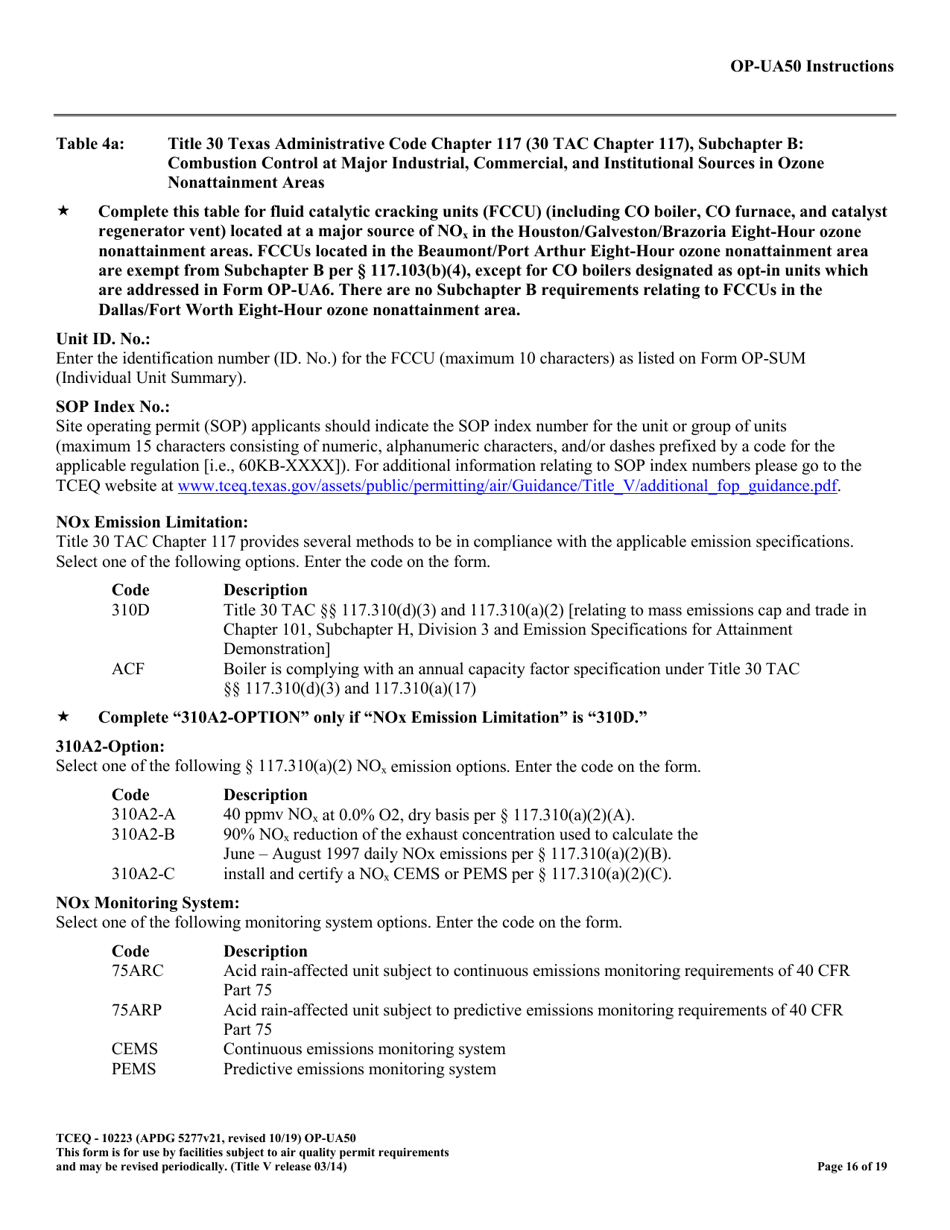 Form OP-UA50 (10223) Fluid Catalytic Cracking Unit Catalyst Regenerator / Fuel Gas Combustion Device / Claus Sulfur Recovery Plant Attributes - Texas, Page 16