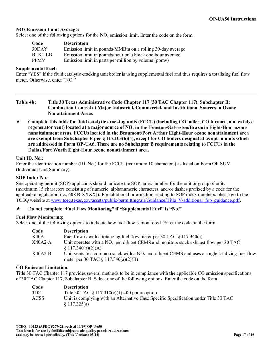 Form OP-UA50 (10223) Fluid Catalytic Cracking Unit Catalyst Regenerator / Fuel Gas Combustion Device / Claus Sulfur Recovery Plant Attributes - Texas, Page 17