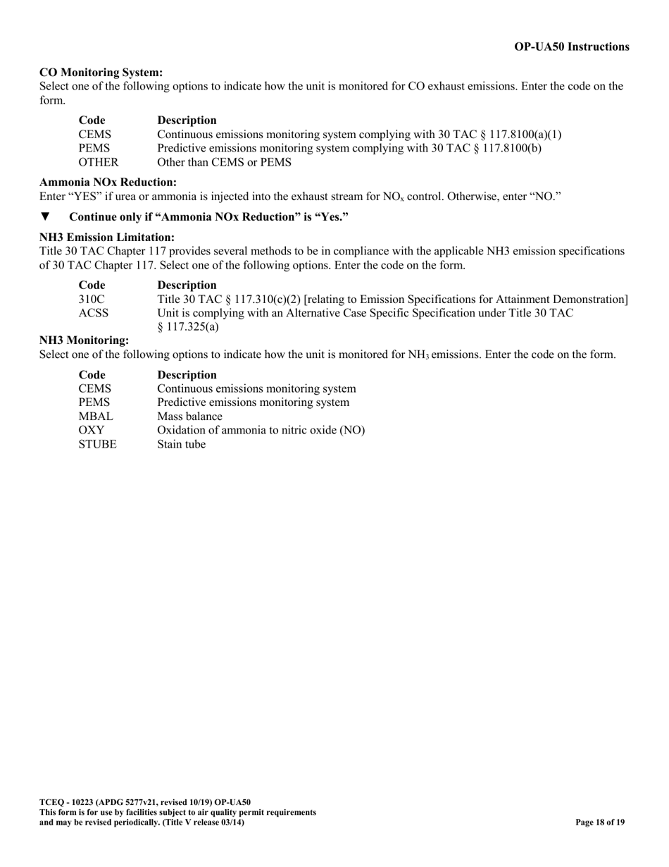 Form OP-UA50 (10223) Fluid Catalytic Cracking Unit Catalyst Regenerator / Fuel Gas Combustion Device / Claus Sulfur Recovery Plant Attributes - Texas, Page 18