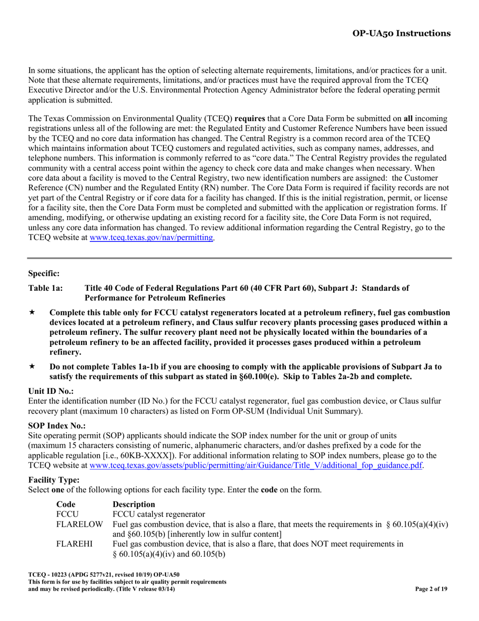 Form OP-UA50 (10223) Fluid Catalytic Cracking Unit Catalyst Regenerator / Fuel Gas Combustion Device / Claus Sulfur Recovery Plant Attributes - Texas, Page 2