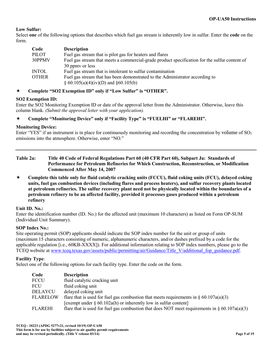 Form OP-UA50 (10223) Fluid Catalytic Cracking Unit Catalyst Regenerator / Fuel Gas Combustion Device / Claus Sulfur Recovery Plant Attributes - Texas, Page 5