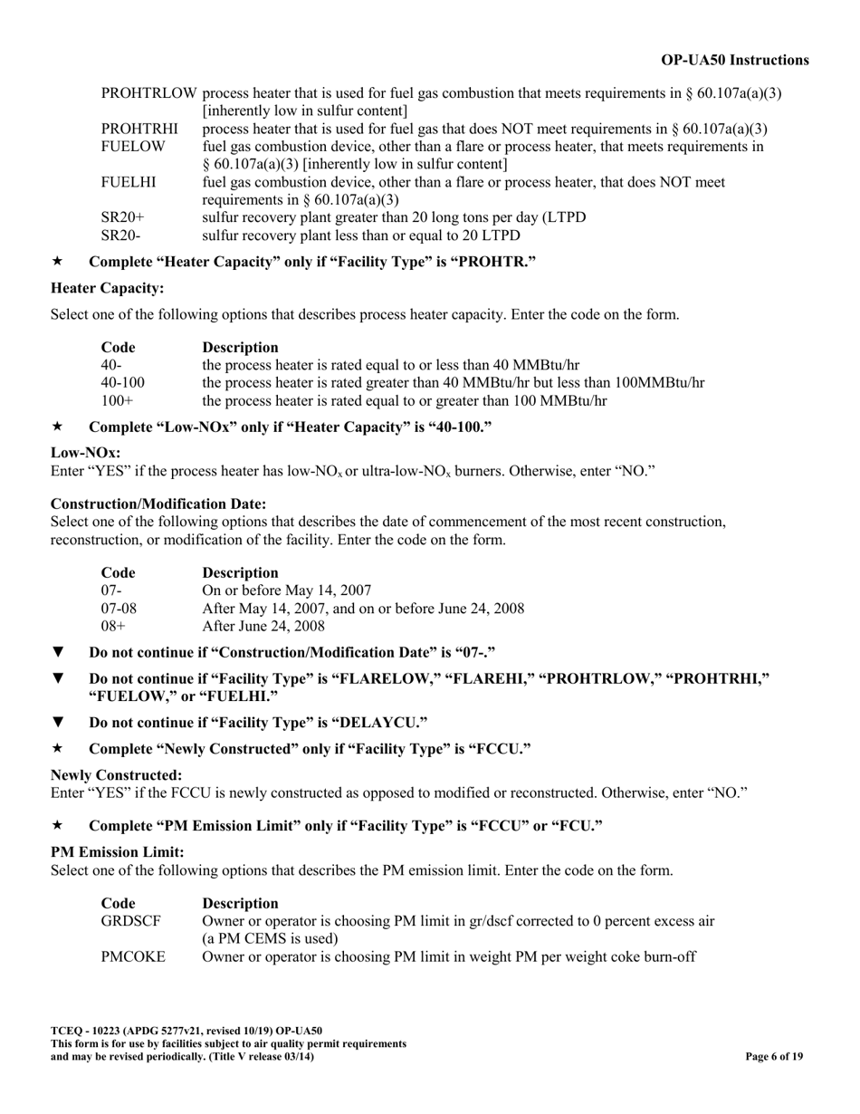 Form OP-UA50 (10223) Fluid Catalytic Cracking Unit Catalyst Regenerator / Fuel Gas Combustion Device / Claus Sulfur Recovery Plant Attributes - Texas, Page 6