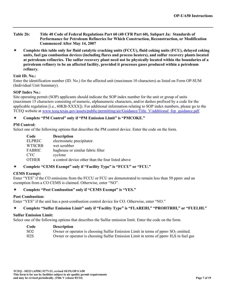 Form OP-UA50 (10223) Fluid Catalytic Cracking Unit Catalyst Regenerator / Fuel Gas Combustion Device / Claus Sulfur Recovery Plant Attributes - Texas, Page 7