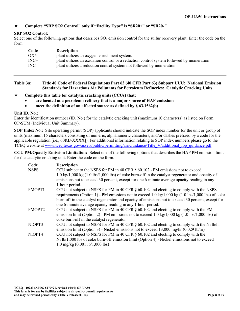 Form OP-UA50 (10223) Fluid Catalytic Cracking Unit Catalyst Regenerator / Fuel Gas Combustion Device / Claus Sulfur Recovery Plant Attributes - Texas, Page 8