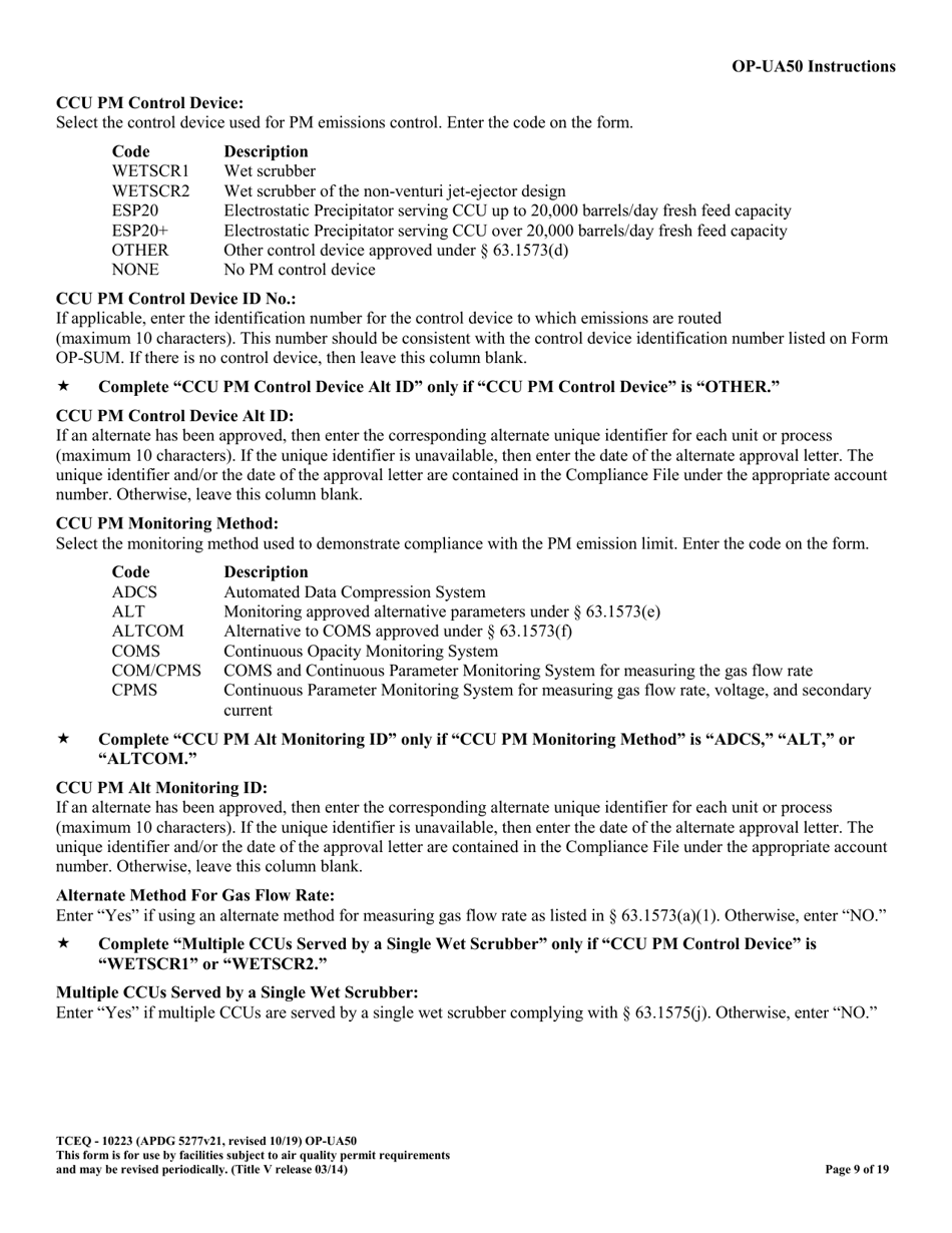 Form OP-UA50 (10223) Fluid Catalytic Cracking Unit Catalyst Regenerator / Fuel Gas Combustion Device / Claus Sulfur Recovery Plant Attributes - Texas, Page 9