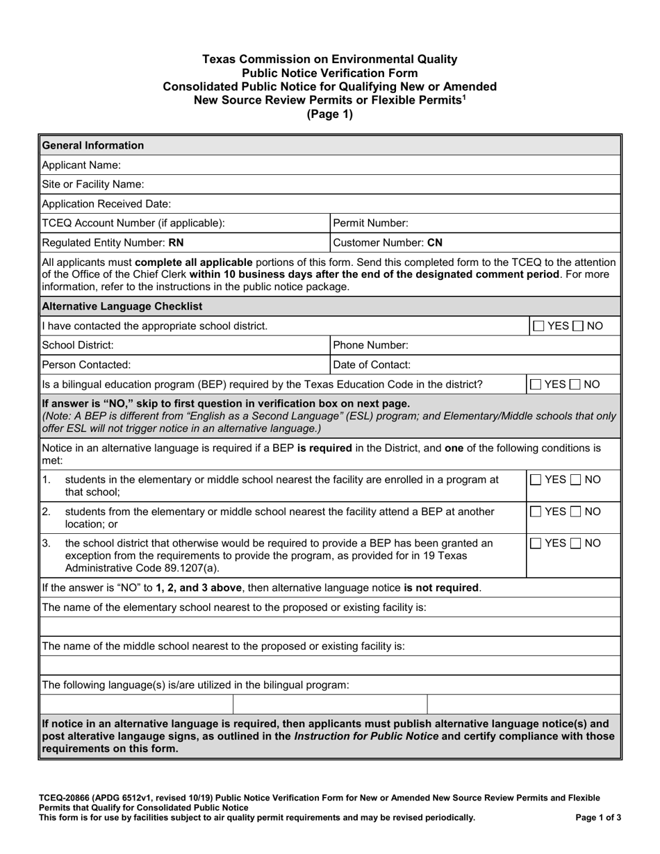 Form 20866 Consolidated Public Notice for Qualifying New or Amended New Source Review Permits O Flexible Permits - Texas, Page 1