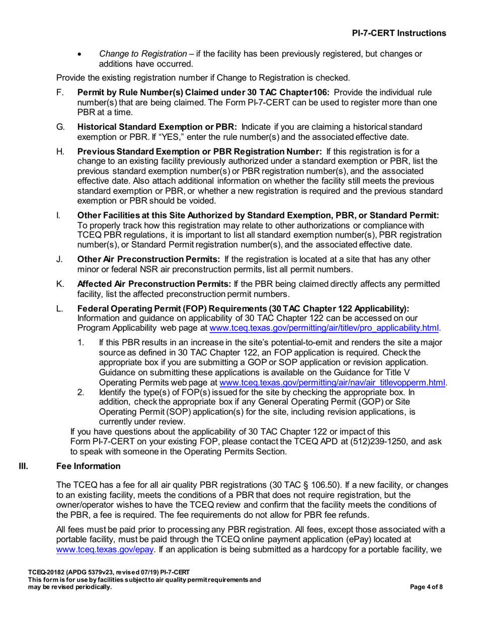Form PI-7-CERT (20182) Certification and Registration for Permits by Rule - Texas, Page 5