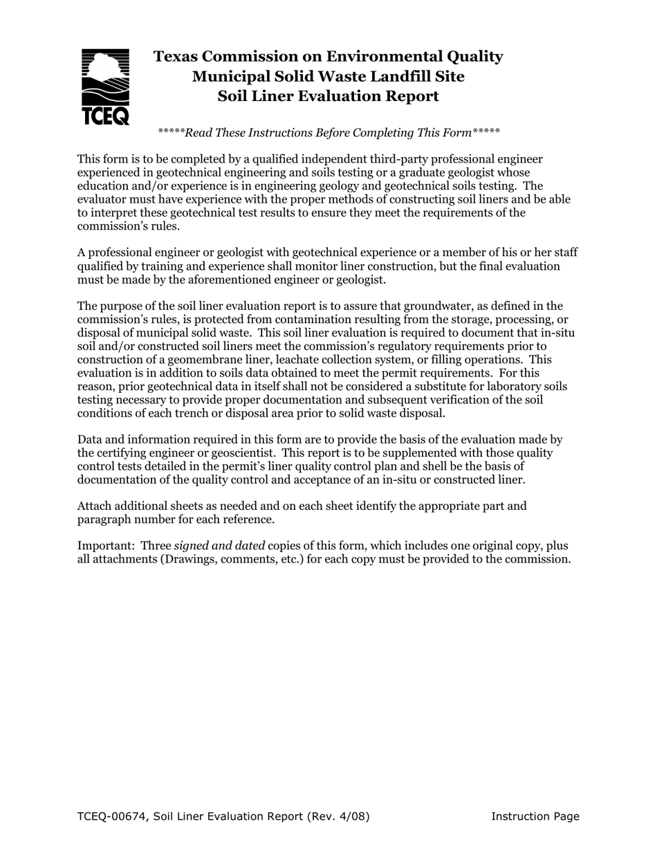 Form 00674 Municipal Solid Waste Landfill Site Soil Liner Evaluation Report - Texas, Page 1