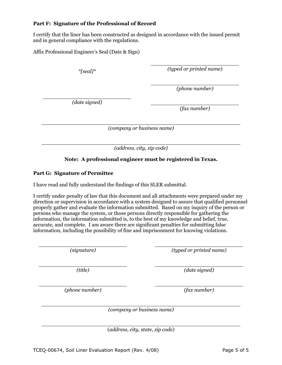 Form 00674 Municipal Solid Waste Landfill Site Soil Liner Evaluation Report - Texas, Page 6