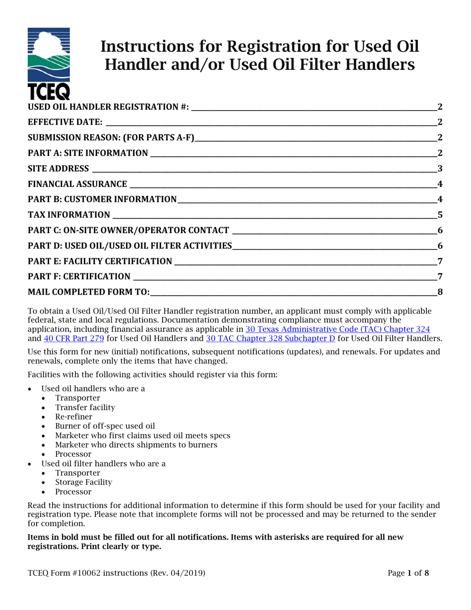 Instructions for Form 10062 Registration for Used Oil Handler and / or Used Oil Filter Handles - Texas, Page 1