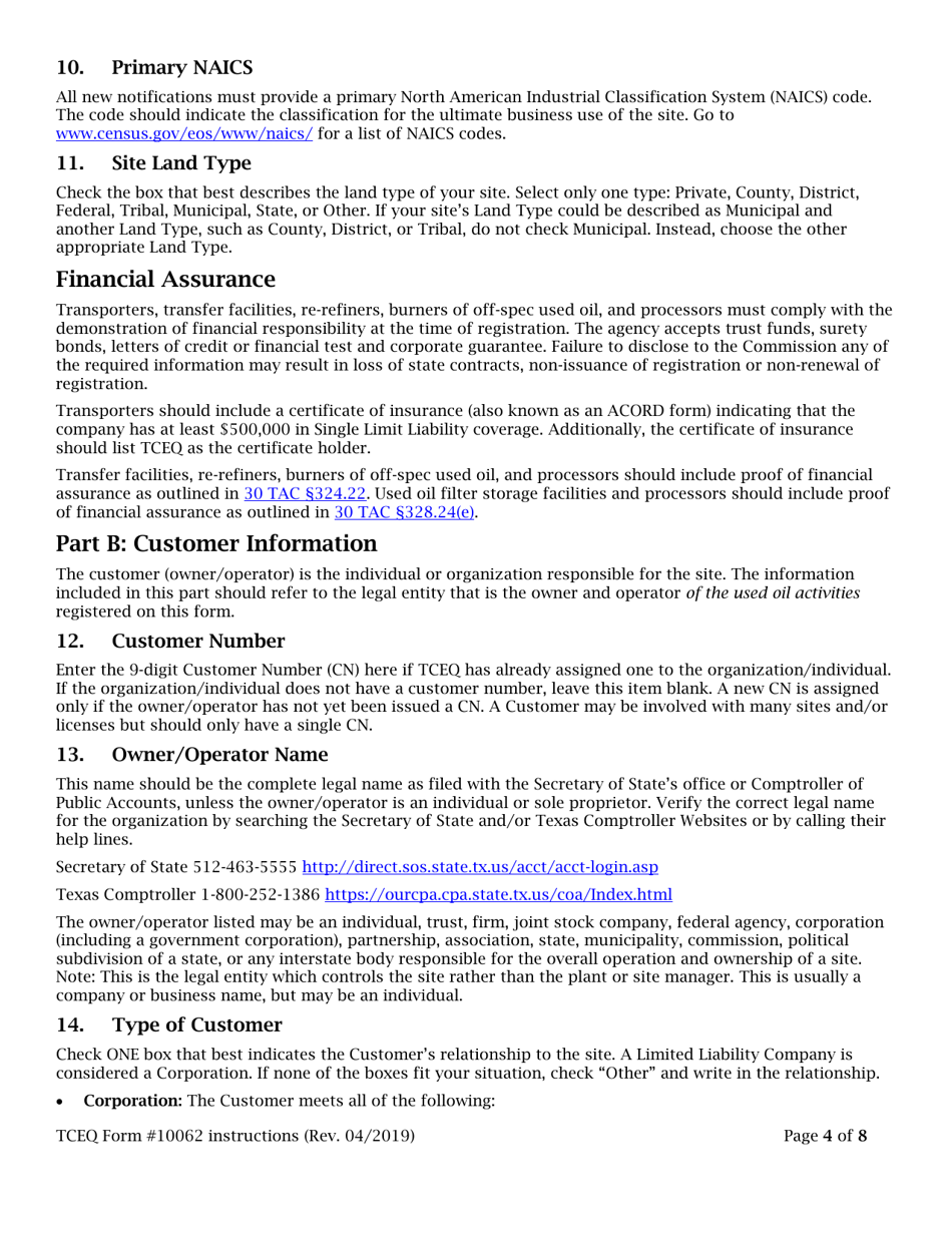 Instructions for Form 10062 Registration for Used Oil Handler and / or Used Oil Filter Handles - Texas, Page 4
