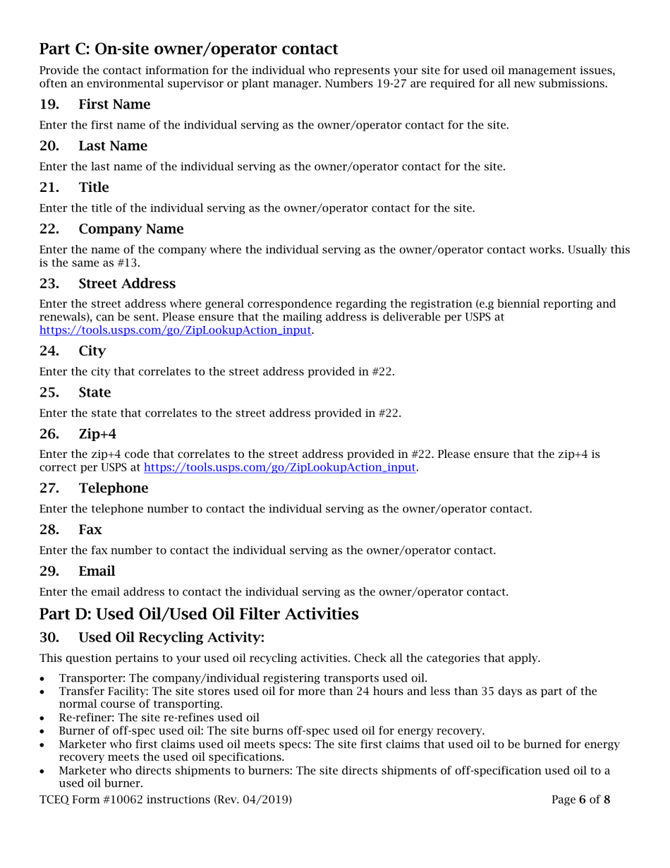 Instructions for Form 10062 Registration for Used Oil Handler and / or Used Oil Filter Handles - Texas, Page 6