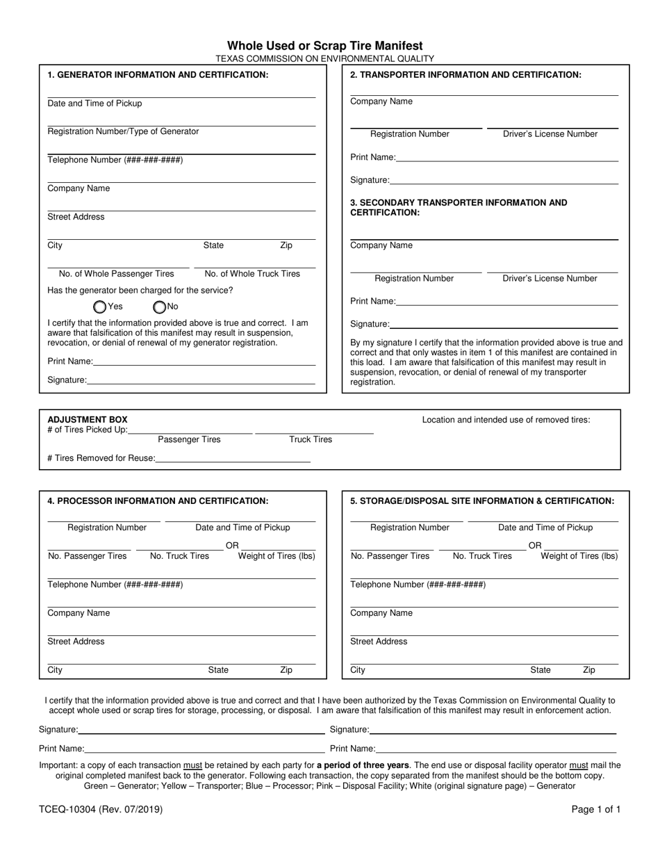 Form 10304 Whole Used or Scrap Tire Manifest - Texas, Page 1