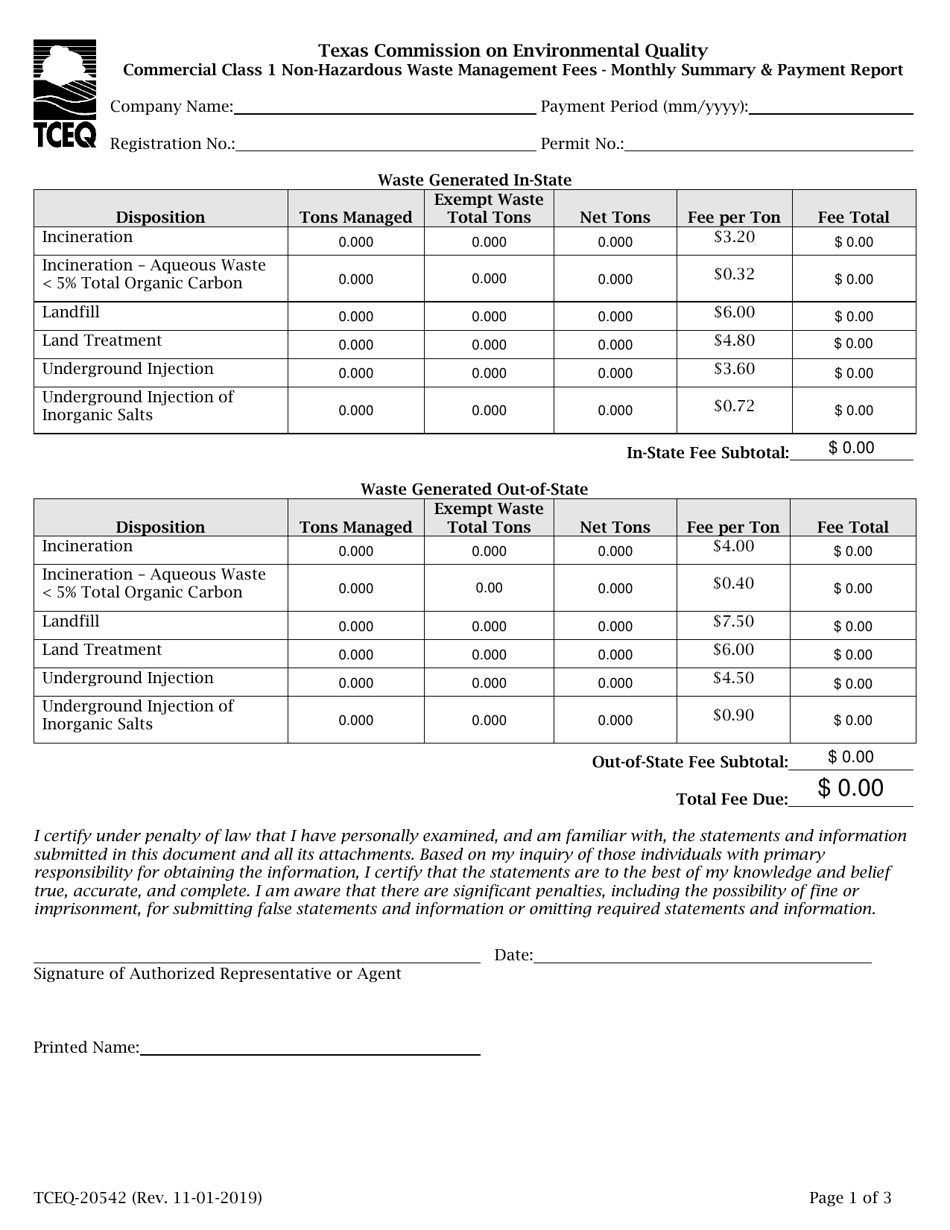 Form 20542 Commercial Class 1 Non-hazardous Waste Management Fees - Monthly Summary  Payment Report - Texas, Page 1