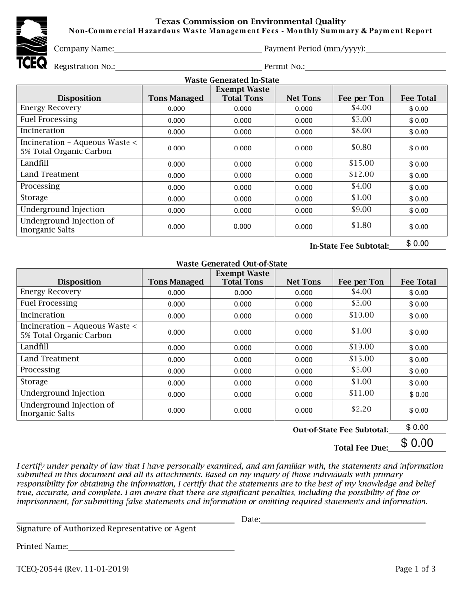 Form 20544 Non-commercial Hazardous Waste Management Fees - Monthly Summary  Payment Report - Texas, Page 1
