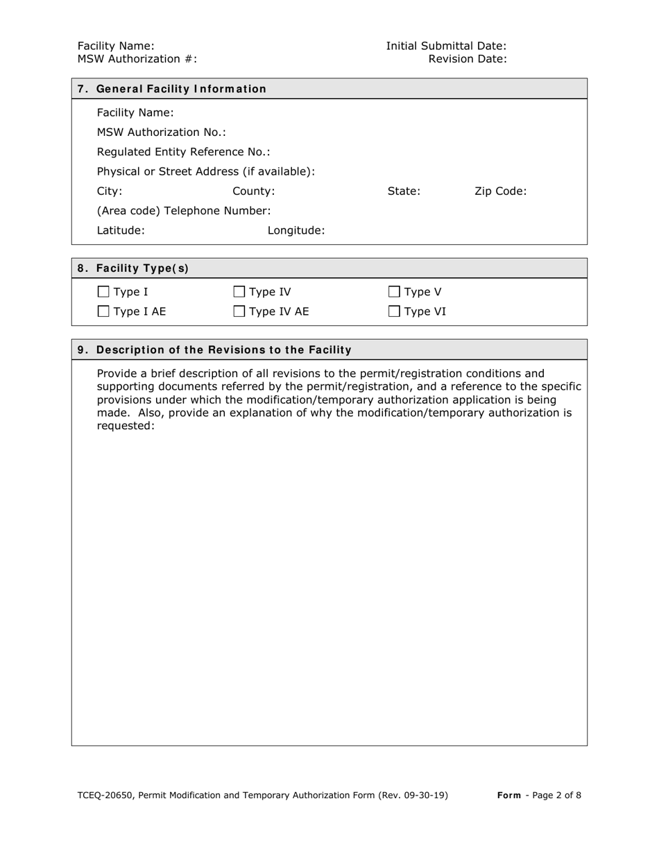 Form 20650 Permit / Registration Modification and Temporary Authorization Application Form for an Msw Facility - Texas, Page 2