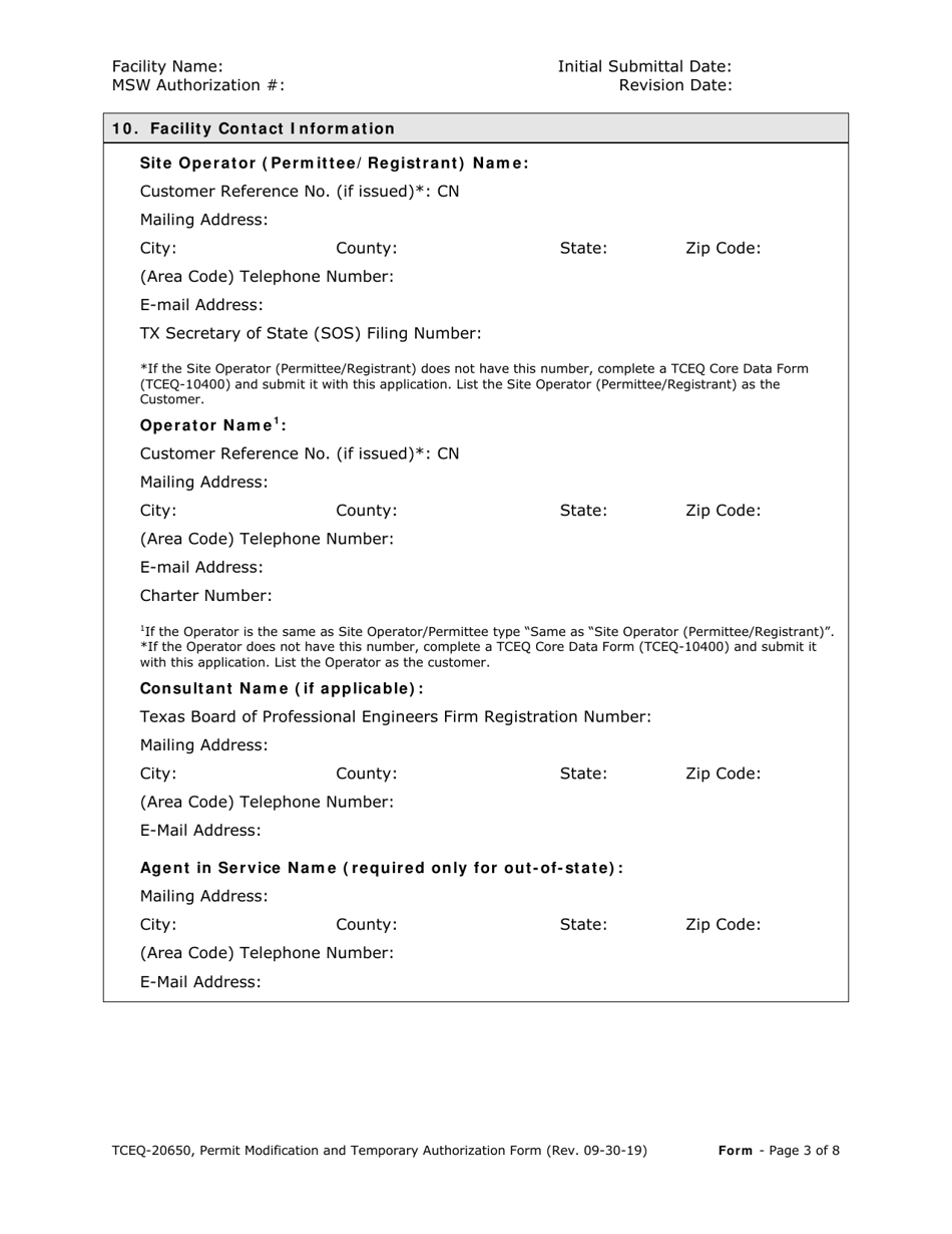Form 20650 Permit / Registration Modification and Temporary Authorization Application Form for an Msw Facility - Texas, Page 3