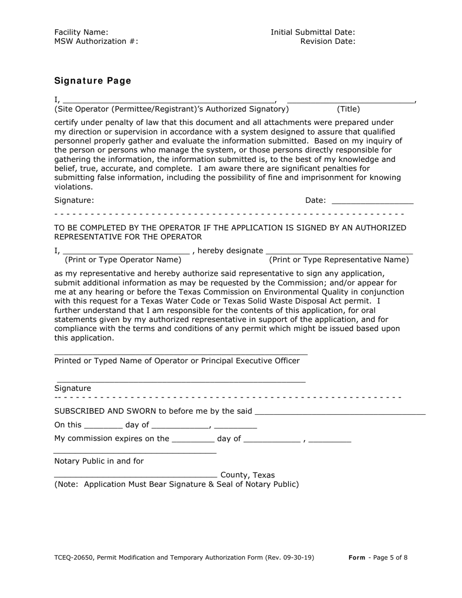 Form 20650 Permit / Registration Modification and Temporary Authorization Application Form for an Msw Facility - Texas, Page 5