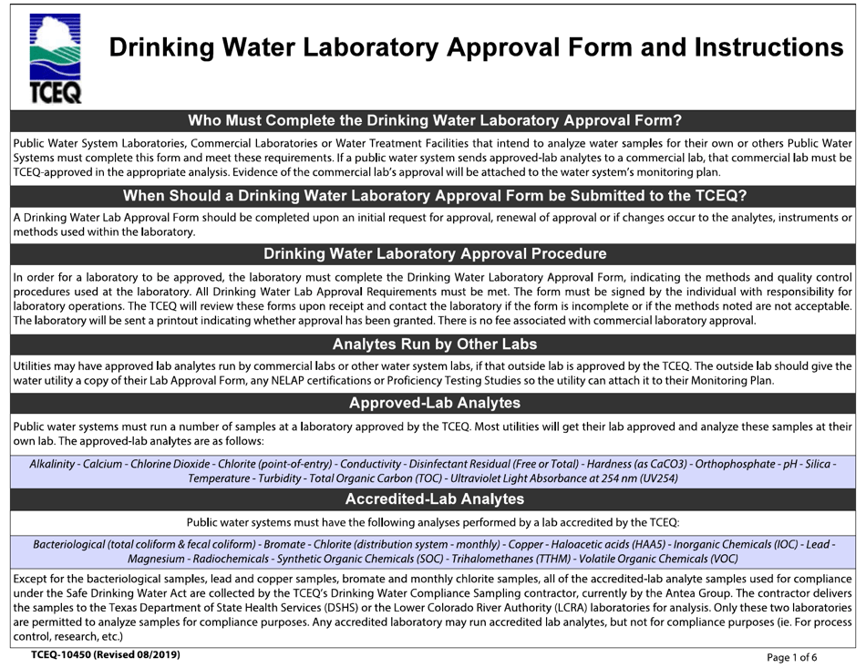 Form 10450 Drinking Water Laboratory Approval Form - Texas, Page 1