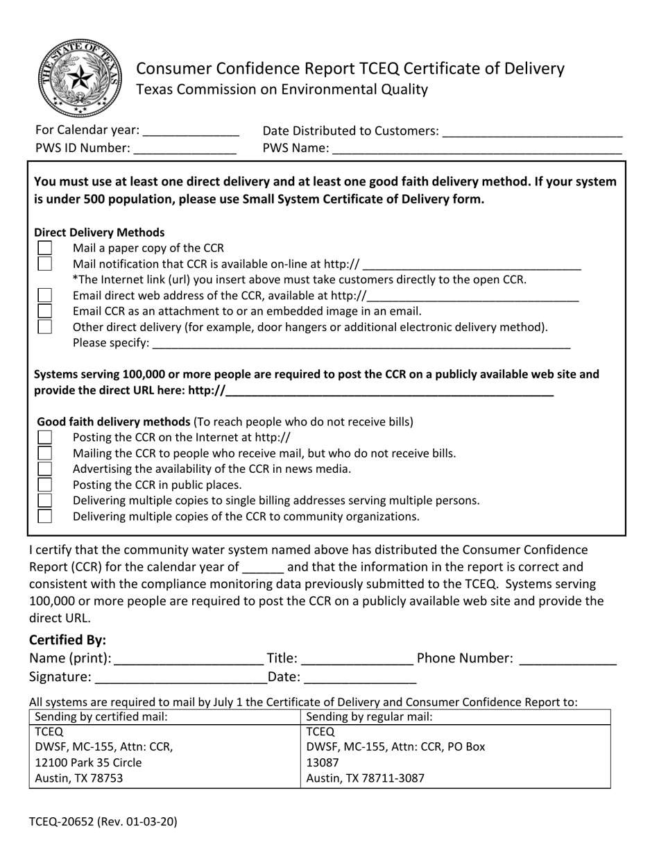 Form 20652 Tceq Certificate of Delivery - Texas, Page 1
