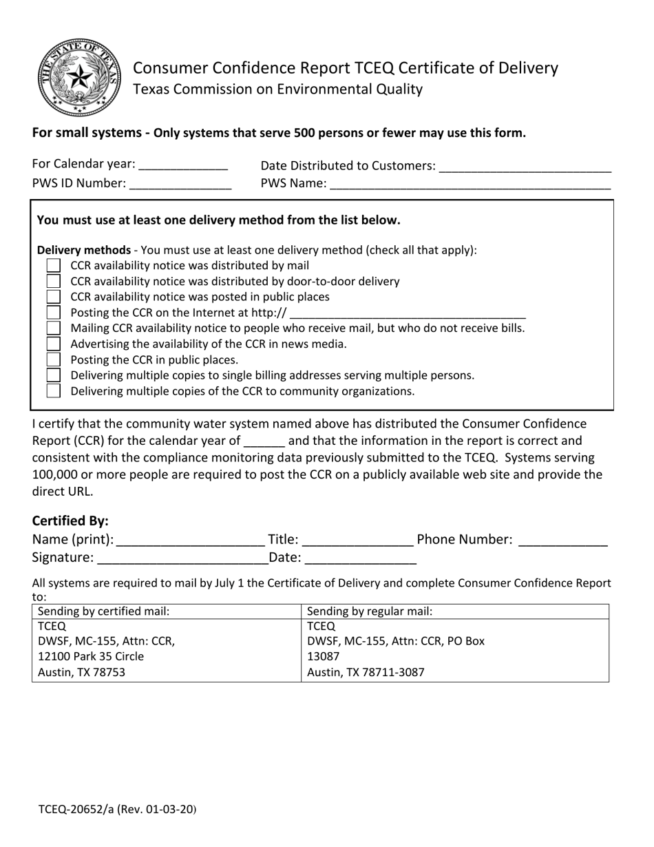 Form 20652 / A Tceq Certificate of Delivery for Small Systems - Texas, Page 1