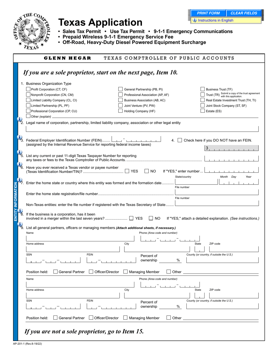 Form AP-201 Texas Application for Texas Sales and Use Tax Permit - Texas, Page 1