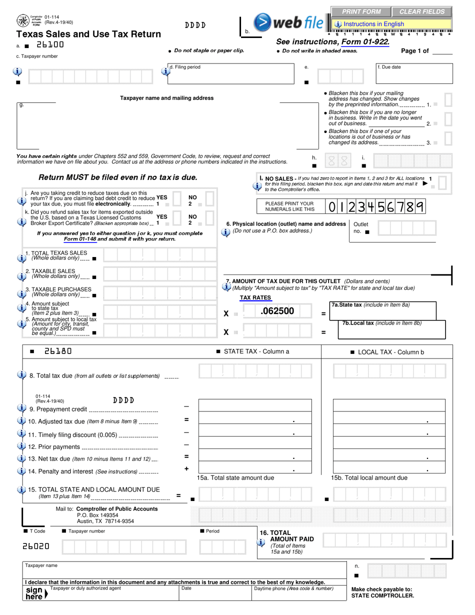 Form 01114 Download Fillable PDF or Fill Online Texas Sales and Use