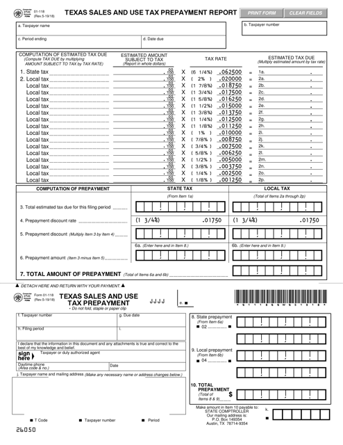 Form 01-118 Texas Sales and Use Tax Prepayment Report - Texas