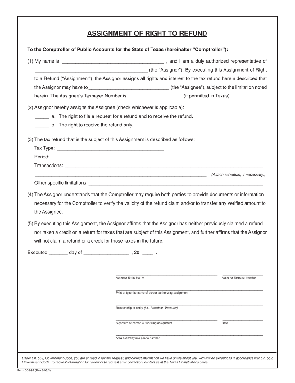 Form 00-985 Assignment of Right to Refund - Texas, Page 1