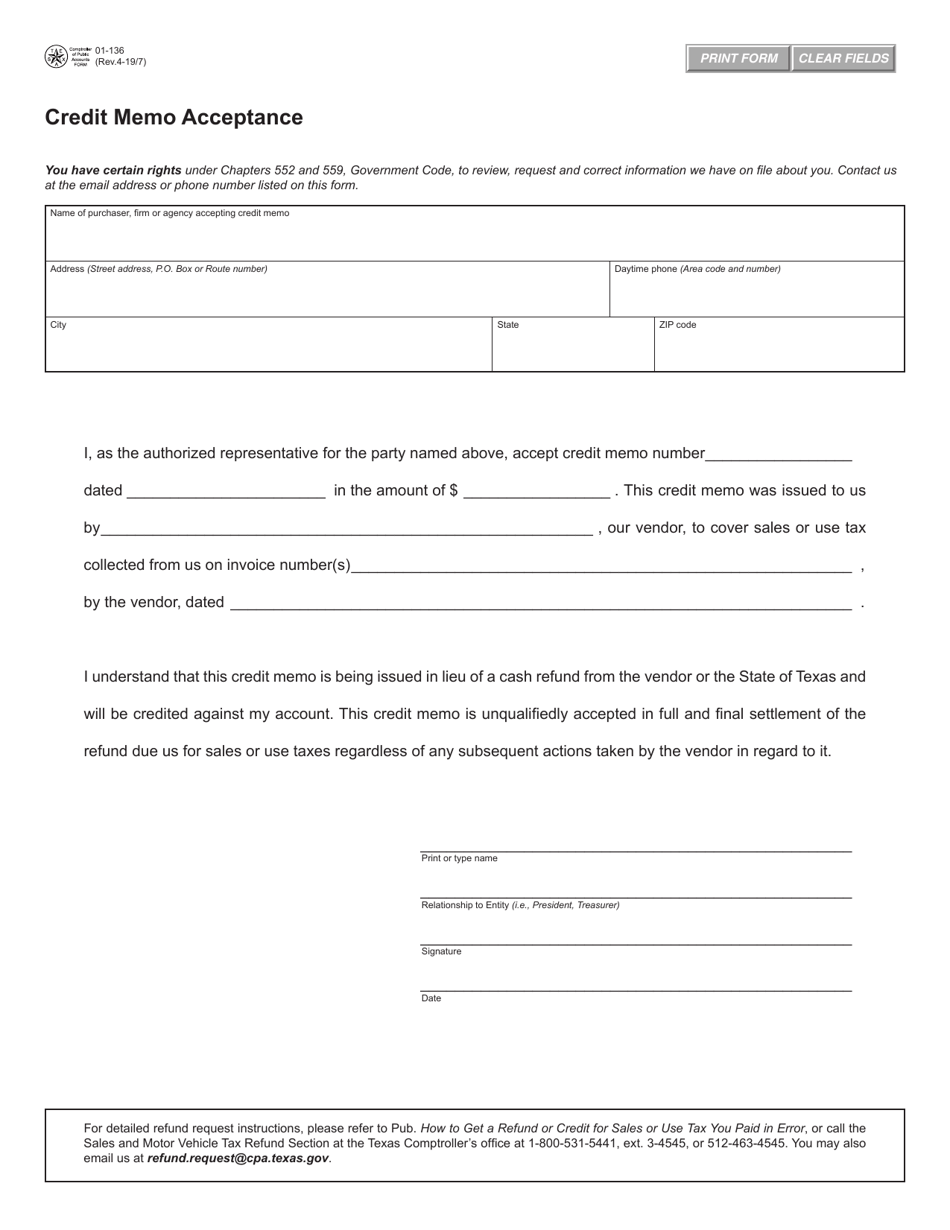 Form 01-136 Credit Memo Acceptance - Texas, Page 1