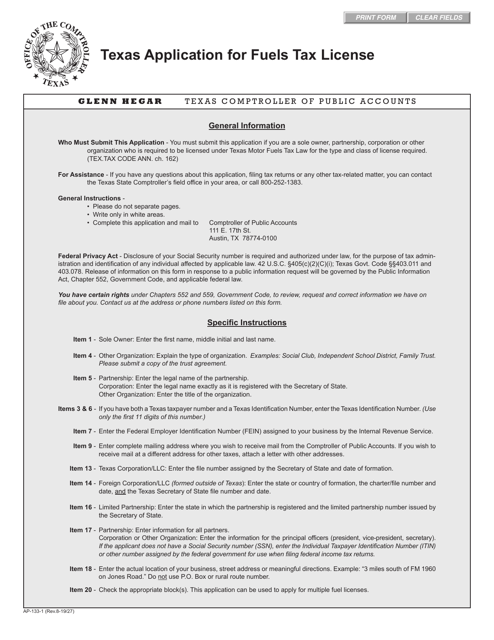 Form AP-133 Texas Application for Fuels Tax License - Texas