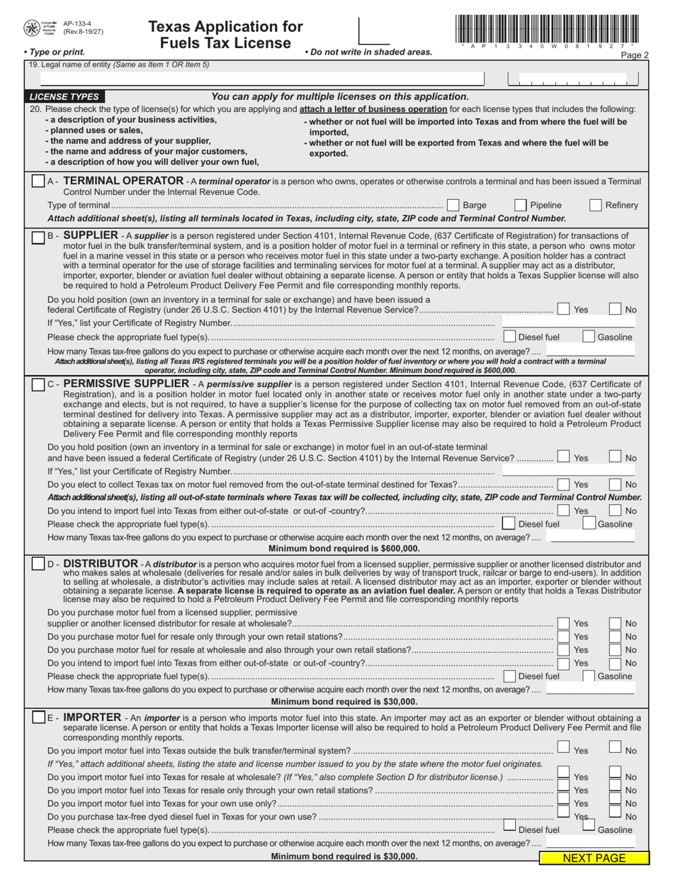 Form AP-133 Texas Application for Fuels Tax License - Texas, Page 4