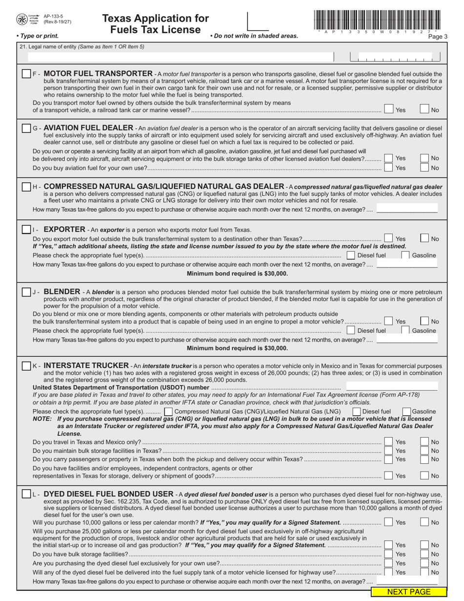 Form AP-133 Texas Application for Fuels Tax License - Texas, Page 5