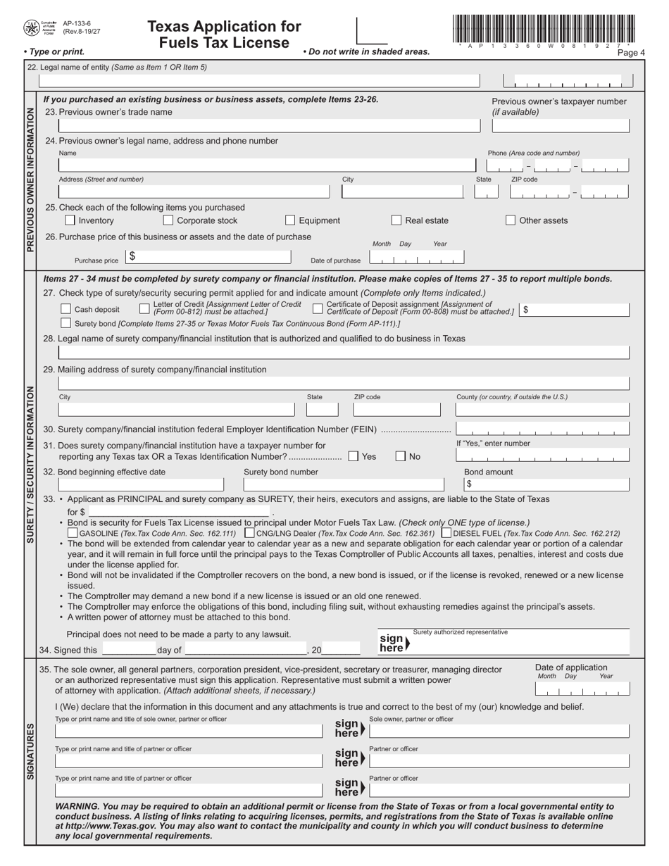 Form AP-133 Texas Application for Fuels Tax License - Texas, Page 6