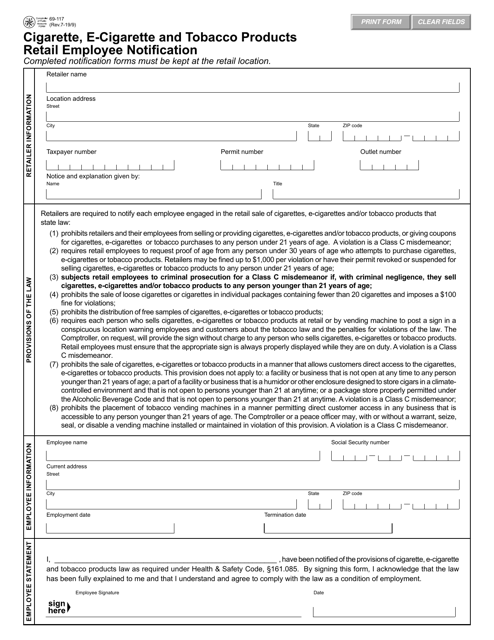 Form 69 117 Download Fillable Pdf Or Fill Online Cigarette E Cigarette And Tobacco Products Retail Employee Notification Texas Templateroller