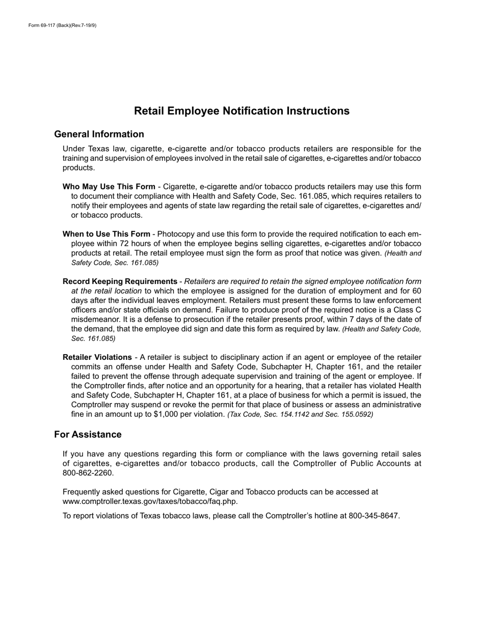 Form 69-117 Cigarette, E-Cigarette and Tobacco Products Retail Employee Notification - Texas, Page 2