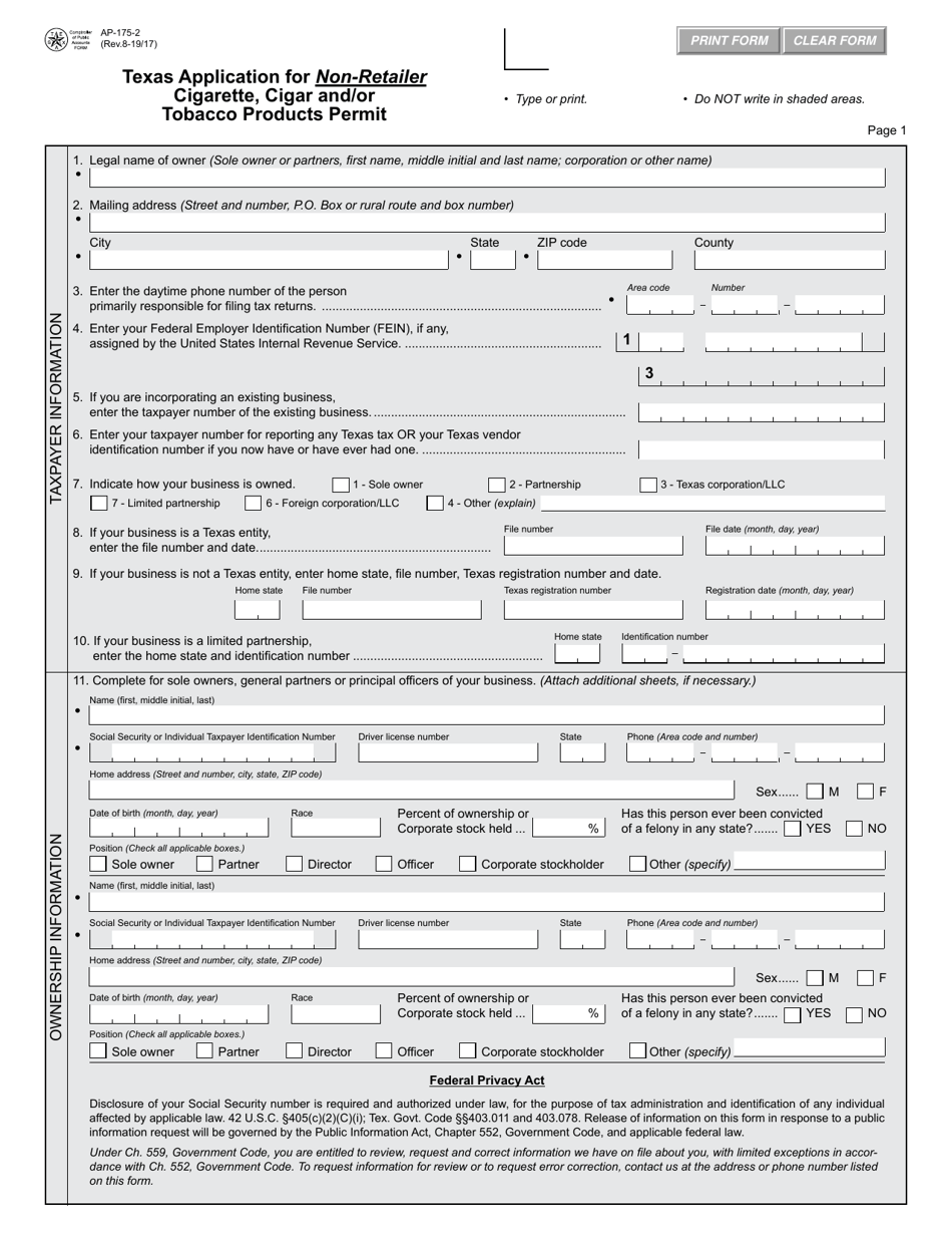 Form AP-175 Texas Application for Non-retailer Cigarette, Cigar and / or Tobacco Products Permit - Texas, Page 2