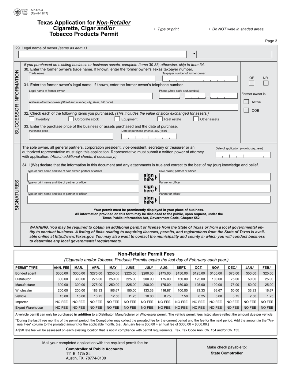 Form AP-175 Texas Application for Non-retailer Cigarette, Cigar and / or Tobacco Products Permit - Texas, Page 4