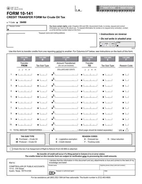 Form 10-141 Credit Transfer Form for Crude Oil Tax - Texas