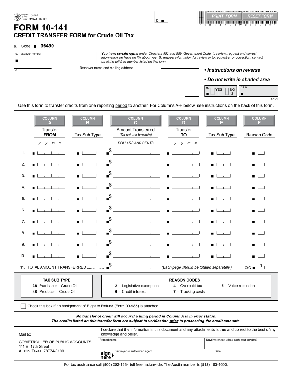Form 10-141 Credit Transfer Form for Crude Oil Tax - Texas, Page 1
