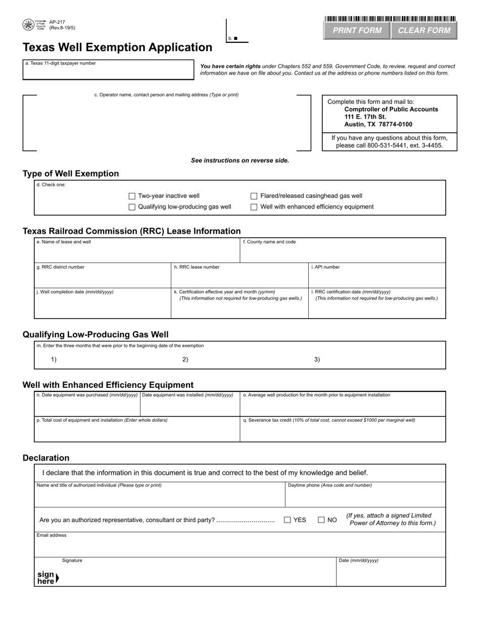 Form AP-217 Texas Well Exemption Application - Texas, Page 1